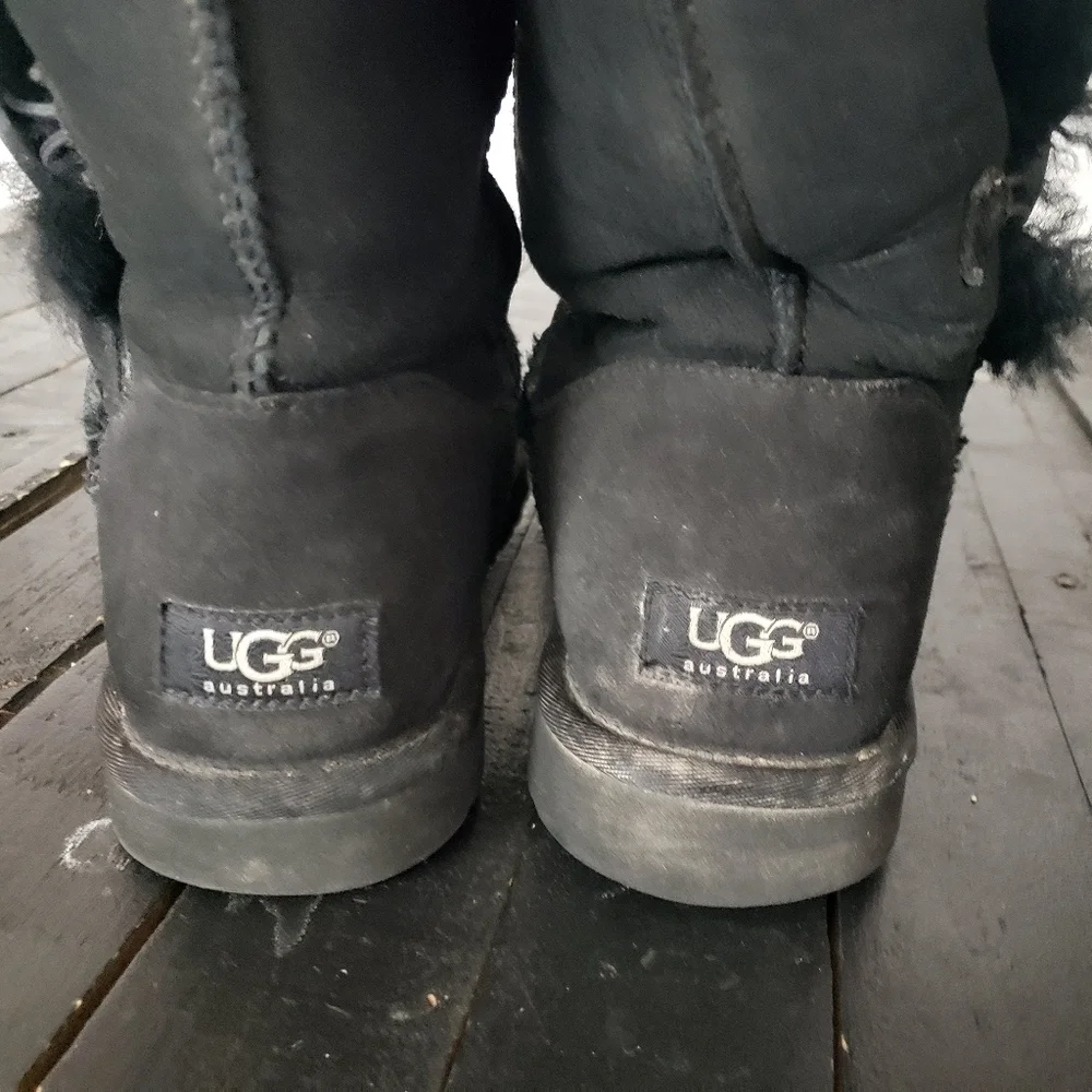 Ugg Women's 8 Bailey Triplet II Tall Black Leather Boots Sheepskin Furry Lined